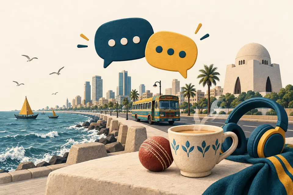 Illustrated Karachi waterfront with a bus, chai, cricket ball and conversation bubbles