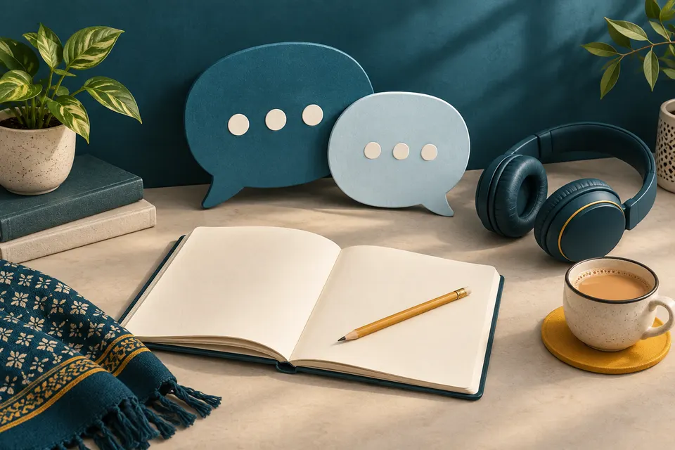 Conversation bubbles beside an open notebook, headphones and a cup of chai